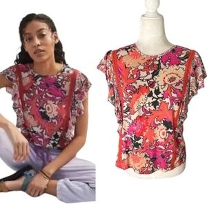 Anthropologie Conditions Apply Floral Ruffle Shirt M